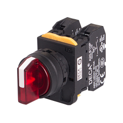 22mm Selector switch, 3 positions, Illuminated, Spring return from right, 2NC 10A 110V, Red Knob & LED 24V AC/DC
