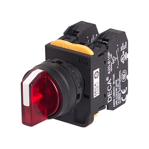 22mm Selector switch, 3 positions, Illuminated, Maintained, 2NO, Red Knob & LED 24V AC/DC