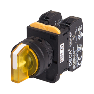 22mm Selector switch, 3 positions, Illuminated, Maintained, 2NO, Yellow Knob & LED 12V AC/DC