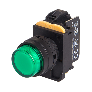 22mm LED Illuminated momentary pushbutton switch, Extended head, 1NC 10A 110V, Green LED 24V AC/DC