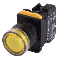 22mm LED Illuminated maintained pushbutton switch, Full shroud head, 1NC 10A 110V, Yellow LED 110V AC/DC