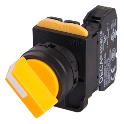 22mm Selector switch, 2 positions, Spring return from right, 1NC 10A 110V, Yellow Knob