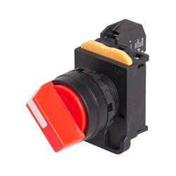 22mm Selector switch, 2 positions, Spring return from right, 1NC 10A 110V, Red Knob