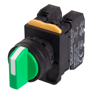 22mm Selector switch, 3 positions, Spring return from 2-way, 2NO 10A 110V, Green Knob
