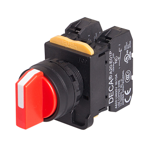 22mm Selector switch, 3 positions, Spring return from 2-way, 2NO, Red Knob