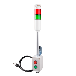 Andon Light, Push button control box, 9.45" pole w/ L Bracket, Red flashing & Buzzer, Green steady, Adjustable 10-100dB Buzzer, 110VAC, 6ft power cord