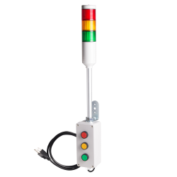 Andon Light, Push button control box, 9.45" pole w/ L Bracket, Red flashing, Yellow/Green steady, 110VAC, 6ft power cord