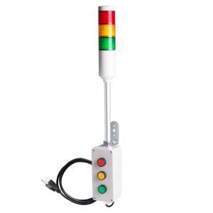 Andon Light, Push button control box, 9.45" pole w/ L Bracket, Red flashing, Yellow/Green steady, 110VAC, 6ft power cord