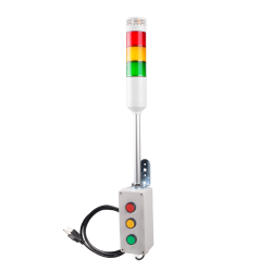 Andon Light, Push button control box, 9.45" pole w/ L Bracket, Red flashing & Buzzer, Yellow/Green steady, 80dB Buzzer, 110VAC, 6ft power cord