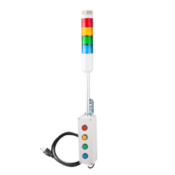 Andon Light, Push button control box, 9.45" pole w/ L Bracket, Red flashing & Buzzer, Yellow/Green/Blue steady, 80dB Buzzer, 110VAC, 6ft power cord