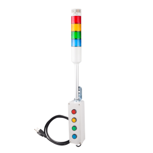Andon Light, Push button control box, 9.45" pole w/ L Bracket, Red flashing & Buzzer, Yellow/Green/Blue steady, Adjustable 10-100dB Buzzer, 110VAC, 6ft power cord