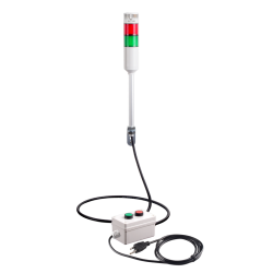 Andon Light, Remote push button control box, w/10ft cable, 9.45" pole w/ L Bracket, Red flashing & Buzzer, Green steady, Adjustable 10-100dB Buzzer, 110VAC, 6ft power cord