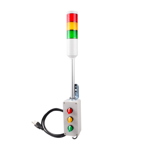 Andon Light, Selector switch control box, 9.45" pole w/ L Bracket, Red flashing, Yellow/Green steady, 110VAC, 6ft power cord