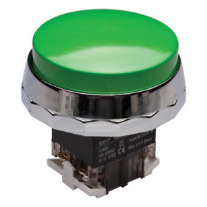 30mm Momentary Push button, 65mm Extended head, IP65, 110V 16A, 1NO 1NC, Green