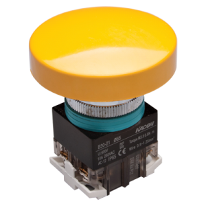30mm Momentary Push button, 65mm Mushroom head, IP65, 110V 16A, 1NO 1NC, Yellow