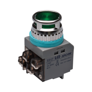 30mm LED Illuminated Momentary Push button, Round head, IP63, 110V 16A, 1NO 1NC, Green, 24VDC