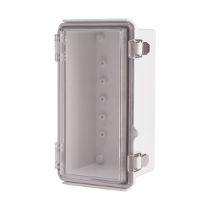 Plastic Enclosure, ABS gray body & PC clear cover, P type for molded hinge & stainless steel latch, W4.33 x L8.27 x D3.94" size, IP67