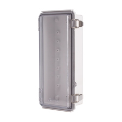 Plastic Enclosure, ABS gray body & PC clear cover, P type for molded hinge & stainless steel latch, W4.33 x L10.24 x D2.95" size, IP67