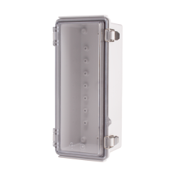 Plastic Enclosure, ABS gray body & PC clear cover, P type for molded hinge & stainless steel latch, W4.33 x L10.24 x D3.94" size, IP67