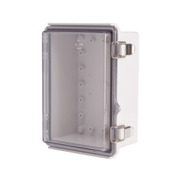 Plastic Enclosure, ABS gray body & PC clear cover, P type for molded hinge & stainless steel latch, W5.12 x L7.09 x D3.35" size, IP67