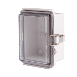 Plastic Enclosure, PC gray body & PC clear cover, P type for molded hinge & stainless steel latch, W3.54 x L4.72 x D2.76" size, IP67 (UL)