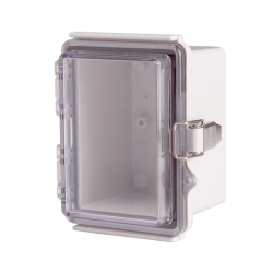 Plastic Enclosure, PC gray body & PC clear cover, P type for molded hinge & stainless steel latch, W3.54 x L4.72 x D3.35" size, IP67 (UL)