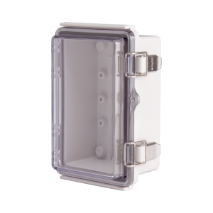 Plastic Enclosure, PC gray body & PC clear cover, P type for molded hinge & stainless steel latch, W3.94 x L5.91 x D2.76" size, IP67 (UL)