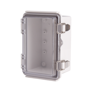 Plastic Enclosure, PC gray body & PC clear cover, P type for molded hinge & stainless steel latch, W3.94 x L5.91 x D3.35" size, IP67 (UL)