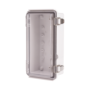 Plastic Enclosure, PC gray body & PC clear cover, P type for molded hinge & stainless steel latch, W4.33 x L8.27 x D2.95" size, IP67 (UL)