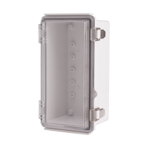 Plastic Enclosure, PC gray body & PC clear cover, P type for molded hinge & stainless steel latch, W4.33 x L8.27 x D3.94" size, IP67 (UL)