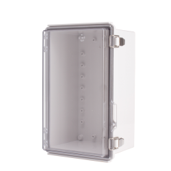 Plastic Enclosure, PC gray body & PC clear cover, P type for molded hinge & stainless steel latch, W6.30 x L10.24 x D5.12" size, IP67 (UL)
