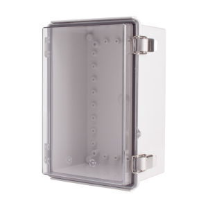 Plastic Enclosure, PC gray body & PC clear cover, P type for molded hinge & stainless steel latch, W7.48 x L11.02 x D5.51" size, IP67 (UL)