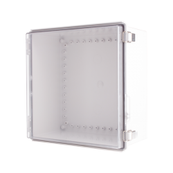 Plastic Enclosure, PC gray body & PC clear cover, P type for molded hinge & stainless steel latch, W13.78 x L13.78 x D7.09" size, IP67 (UL)