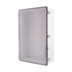 Plastic Enclosure, PC gray body & PC clear cover, P type for molded hinge & stainless steel latch, W15.75 x L23.62 x D7.09" size, IP67 (UL)