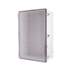 Plastic Enclosure, PC gray body & PC clear cover, P type for molded hinge & stainless steel latch, W15.75 x L23.62 x D9.06" size, IP67 (UL)
