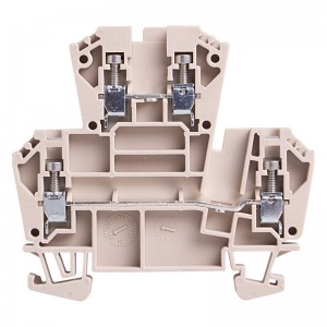 DIN Rail Terminal block, screw clamp, Double level, Feed through, L69xH63.5xW6mm, 600V 30A, 10-22 AWG, Beige color, 30pcs bundle