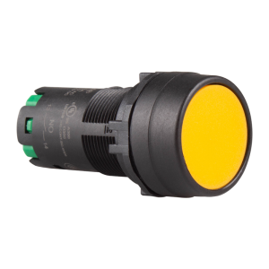 22mm Maintained pushbutton switch, Unibody, IP66 flush head, Push in wiring, 2NO, Yellow