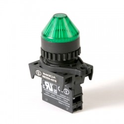 LED Pilot Lamp, 22/25mm Panel hole, Cone head,  12-30VAC/DC, Green