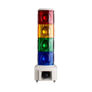 Rotating tower light, 140mm red/yellow/green/blue/clear color 4 stack, 100dB & 3 audible alarm, Stud mount, Terminal connector, 110V AC