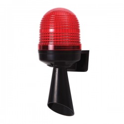 Warning Light, 86mm, Black body, LED, Wall Mounting, Red Lens, Steady/Flashing/Rotating, 3 sirens, 90-240 VAC