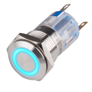 16mm Metal body Push Button, 24VDC, LED Illuminated, Momentary, IP65, 1A, SPDT, Blue