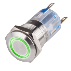 16mm Metal body Push Button, 110/220VAC, LED Illuminated, Maintained, IP65, 1A, SPDT, Green