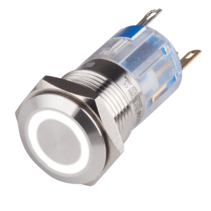 16mm Metal body Push Button, 24VDC, LED Illuminated, Momentary, IP65, 1A, SPDT, White
