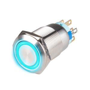 19mm Metal body Push Button, 110/220VAC, LED Illuminated, Momentary, IP65, 1A, SPDT, Blue