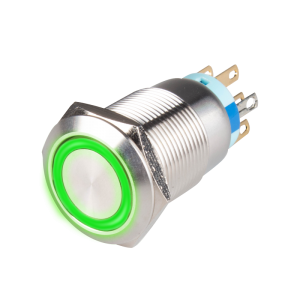19mm Metal body Push Button, 110/220VAC, LED Illuminated, Momentary, IP65, 1A, SPDT, Green