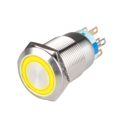 19mm Metal body Push Button, 110/220VAC, LED Illuminated, Momentary, IP65, 1A, SPDT, Yellow