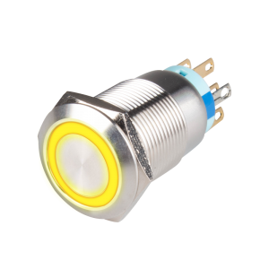 19mm Metal body Push Button, 24VDC, LED Illuminated, Momentary, IP65, 1A, SPDT, Yellow