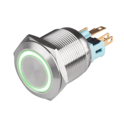 22mm Metal body Push Button, 110/220VAC, LED Illuminated, Maintained, IP65, 3A, SPDT, Green