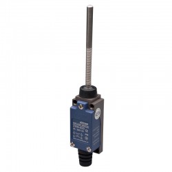 Limit Switch, 57x28x25mm Plastic cover/Al-die-casting body, 1 NO & 1 NC w/ Snap action, IP65, Spring rod w/metal tip actuator